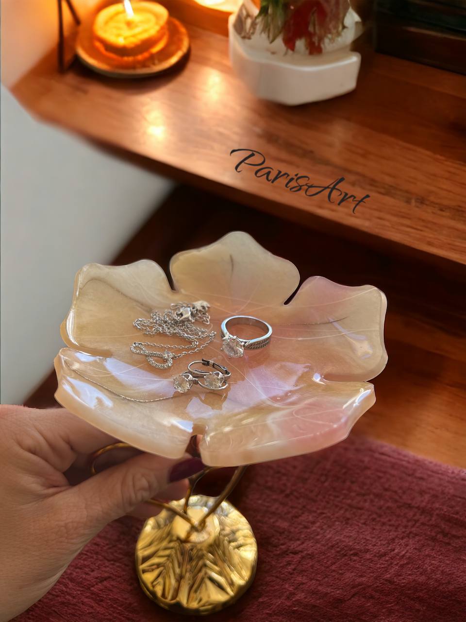 "Pink Flower" Jewelry dish with stand