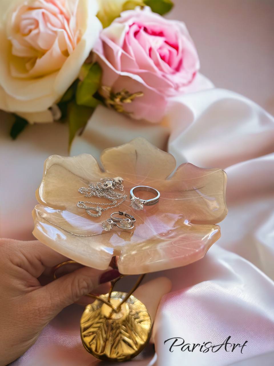 "Pink Flower" Jewelry dish with stand