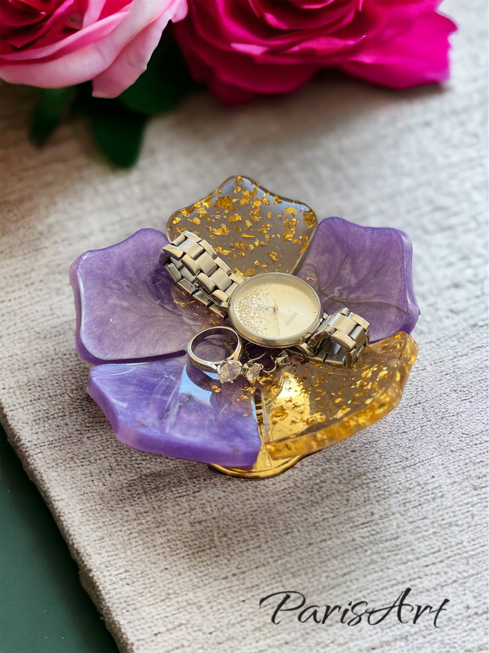 "Purple and Gold" Jewelry dish with stand